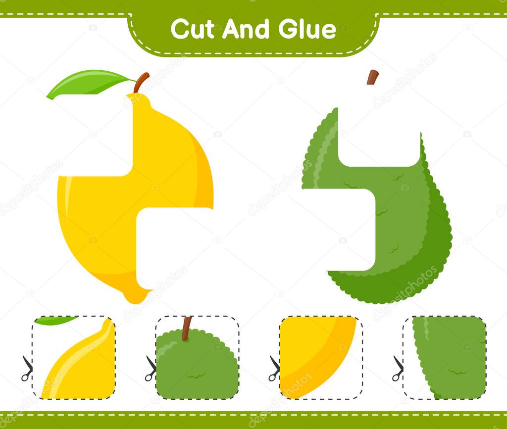 Cut and glue, cut parts of Fruits and glue them. Educational children game, printable worksheet, vector illustration