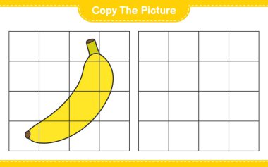 Resmi kopyala, Muz 'un ızgara hatlarını kullanarak fotoğrafını kopyala. Eğitimsel çocuk oyunu, yazdırılabilir çalışma tablosu, vektör illüstrasyonu