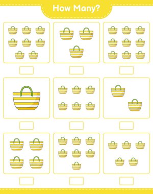 Maç sayısı, kaç tane plaj çantası. Eğitimsel çocuk oyunu, yazdırılabilir çalışma tablosu, vektör illüstrasyonu