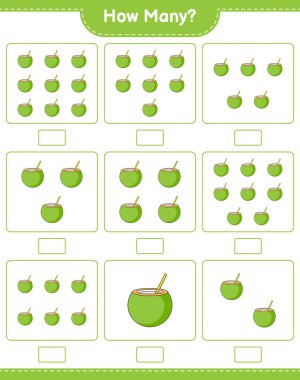 Maç sayısı, kaç hindistan cevizi. Eğitimsel çocuk oyunu, yazdırılabilir çalışma tablosu, vektör illüstrasyonu