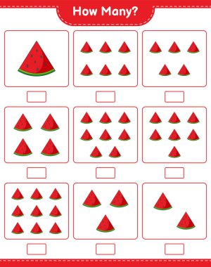 Maç sayısı, kaç karpuz. Eğitimsel çocuk oyunu, yazdırılabilir çalışma tablosu, vektör illüstrasyonu