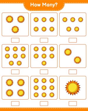 Maç sayısı, kaç Sun. Eğitimsel çocuk oyunu, yazdırılabilir çalışma tablosu, vektör illüstrasyonu
