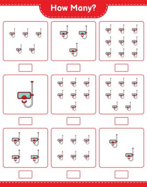 Scuba Dalış Maskesi sayma oyunu. Eğitimsel çocuk oyunu, yazdırılabilir çalışma tablosu, vektör illüstrasyonu