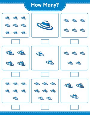 Oyun sayıyorum, kaç tane Summer Hat var? Eğitimsel çocuk oyunu, yazdırılabilir çalışma tablosu, vektör illüstrasyonu