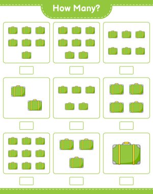 Maç sayısı, kaç bavul. Eğitimsel çocuk oyunu, yazdırılabilir çalışma tablosu, vektör illüstrasyonu