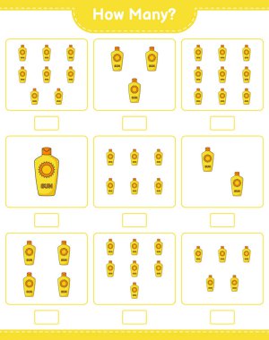 Maç sayısı, kaç tane güneş kremi. Eğitimsel çocuk oyunu, yazdırılabilir çalışma tablosu, vektör illüstrasyonu