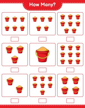 Sayı sayma oyunu, kaç tane kum kovası. Eğitimsel çocuk oyunu, yazdırılabilir çalışma tablosu, vektör illüstrasyonu