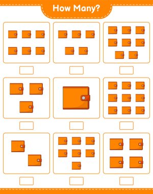 Maç sayısı, kaç cüzdan. Eğitimsel çocuk oyunu, yazdırılabilir çalışma tablosu, vektör illüstrasyonu