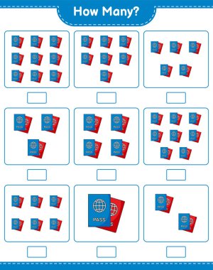 Maç sayısı, kaç pasaport. Eğitimsel çocuk oyunu, yazdırılabilir çalışma tablosu, vektör illüstrasyonu