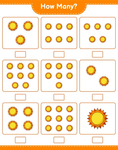 Maç sayısı, kaç Sun. Eğitimsel çocuk oyunu, yazdırılabilir çalışma tablosu, vektör illüstrasyonu