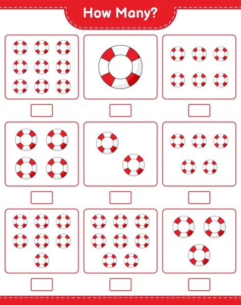 Maç sayısı, kaç Lifebuoy. Eğitimsel çocuk oyunu, yazdırılabilir çalışma tablosu, vektör illüstrasyonu