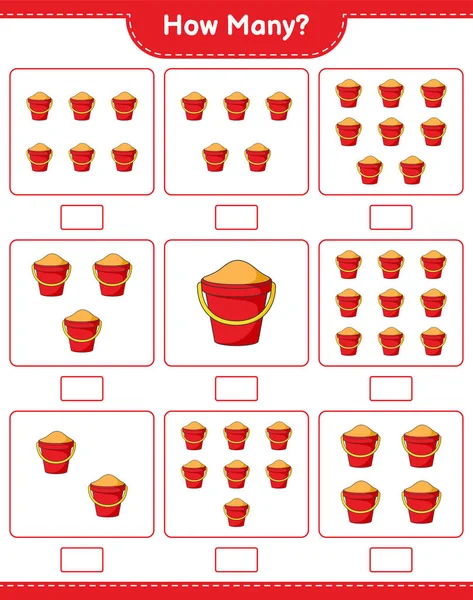 Sayı sayma oyunu, kaç tane kum kovası. Eğitimsel çocuk oyunu, yazdırılabilir çalışma tablosu, vektör illüstrasyonu