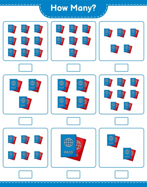 Maç sayısı, kaç pasaport. Eğitimsel çocuk oyunu, yazdırılabilir çalışma tablosu, vektör illüstrasyonu