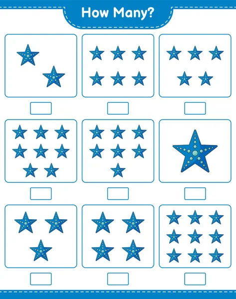 Считаю Игру Сколько Морской Звезды Образовательные Игры Детей Печатаемые Листы — стоковый вектор