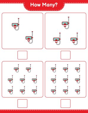 Scuba Dalış Maskesi sayma oyunu. Eğitimsel çocuk oyunu, yazdırılabilir çalışma tablosu, vektör illüstrasyonu