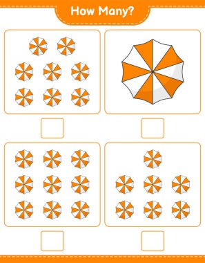 Sayma oyunu, kaç tane plaj şemsiyesi. Eğitimsel çocuk oyunu, yazdırılabilir çalışma tablosu, vektör illüstrasyonu