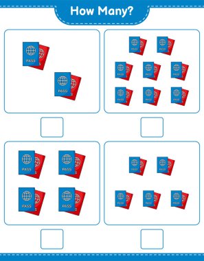 Maç sayısı, kaç pasaport. Eğitimsel çocuk oyunu, yazdırılabilir çalışma tablosu, vektör illüstrasyonu