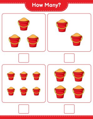 Sayı sayma oyunu, kaç tane kum kovası. Eğitimsel çocuk oyunu, yazdırılabilir çalışma tablosu, vektör illüstrasyonu