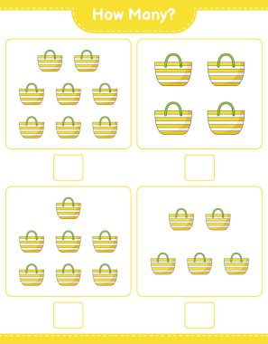 Maç sayısı, kaç tane plaj çantası. Eğitimsel çocuk oyunu, yazdırılabilir çalışma tablosu, vektör illüstrasyonu