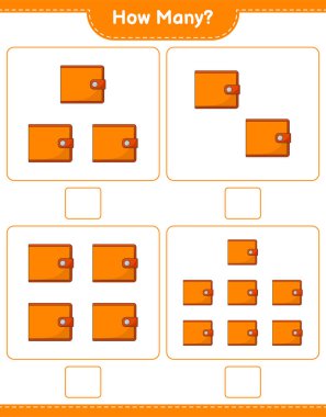 Maç sayısı, kaç cüzdan. Eğitimsel çocuk oyunu, yazdırılabilir çalışma tablosu, vektör illüstrasyonu