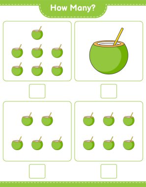 Maç sayısı, kaç hindistan cevizi. Eğitimsel çocuk oyunu, yazdırılabilir çalışma tablosu, vektör illüstrasyonu