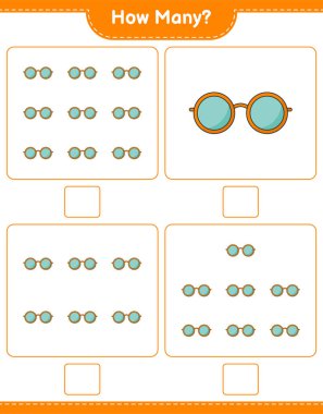 Maç sayısı, kaç tane güneş gözlüğü. Eğitimsel çocuk oyunu, yazdırılabilir çalışma tablosu, vektör illüstrasyonu