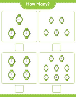Maç sayıyorum, kaç saat. Eğitimsel çocuk oyunu, yazdırılabilir çalışma tablosu, vektör illüstrasyonu