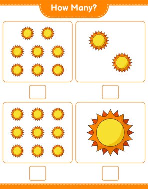 Maç sayısı, kaç Sun. Eğitimsel çocuk oyunu, yazdırılabilir çalışma tablosu, vektör illüstrasyonu