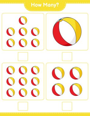 Maç sayısı, kaç tane plaj topu. Eğitimsel çocuk oyunu, yazdırılabilir çalışma tablosu, vektör illüstrasyonu