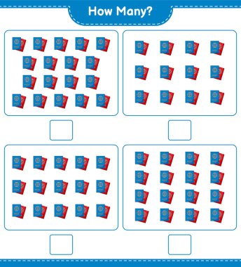 Maç sayısı, kaç pasaport. Eğitimsel çocuk oyunu, yazdırılabilir çalışma tablosu, vektör illüstrasyonu