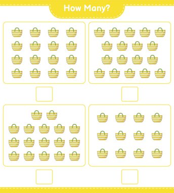 Maç sayısı, kaç tane plaj çantası. Eğitimsel çocuk oyunu, yazdırılabilir çalışma tablosu, vektör illüstrasyonu