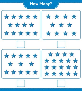 Oyun sayıyorum, kaç denizyıldızı var. Eğitimsel çocuk oyunu, yazdırılabilir çalışma tablosu, vektör illüstrasyonu