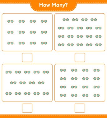 Maç sayısı, kaç tane güneş gözlüğü. Eğitimsel çocuk oyunu, yazdırılabilir çalışma tablosu, vektör illüstrasyonu