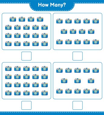 Oyun sayıyorum, kaç kamera var? Eğitimsel çocuk oyunu, yazdırılabilir çalışma tablosu, vektör illüstrasyonu