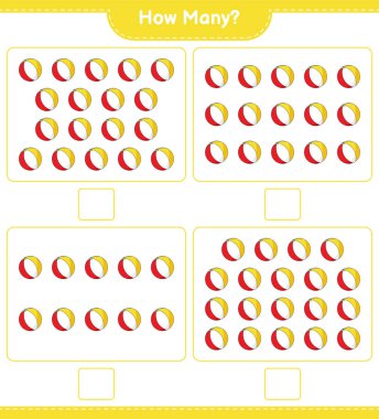Maç sayısı, kaç tane plaj topu. Eğitimsel çocuk oyunu, yazdırılabilir çalışma tablosu, vektör illüstrasyonu