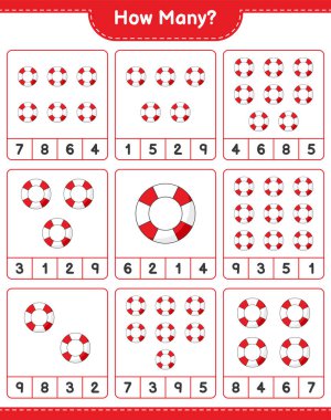 Maç sayısı, kaç Lifebuoy. Eğitimsel çocuk oyunu, yazdırılabilir çalışma tablosu, vektör illüstrasyonu