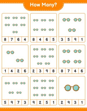 Maç sayısı, kaç tane güneş gözlüğü. Eğitimsel çocuk oyunu, yazdırılabilir çalışma tablosu, vektör illüstrasyonu