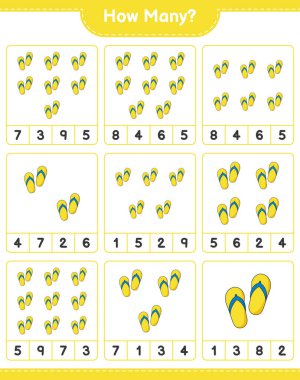 Maç sayıyorum, kaç Flip Flop. Eğitimsel çocuk oyunu, yazdırılabilir çalışma tablosu, vektör illüstrasyonu
