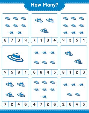 Oyun sayıyorum, kaç tane Summer Hat var? Eğitimsel çocuk oyunu, yazdırılabilir çalışma tablosu, vektör illüstrasyonu