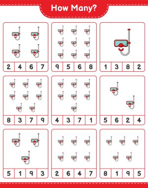 Scuba Dalış Maskesi sayma oyunu. Eğitimsel çocuk oyunu, yazdırılabilir çalışma tablosu, vektör illüstrasyonu