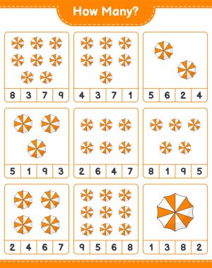 Sayma oyunu, kaç tane plaj şemsiyesi. Eğitimsel çocuk oyunu, yazdırılabilir çalışma tablosu, vektör illüstrasyonu