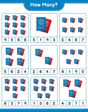 Maç sayısı, kaç pasaport. Eğitimsel çocuk oyunu, yazdırılabilir çalışma tablosu, vektör illüstrasyonu