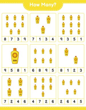 Maç sayısı, kaç tane güneş kremi. Eğitimsel çocuk oyunu, yazdırılabilir çalışma tablosu, vektör illüstrasyonu