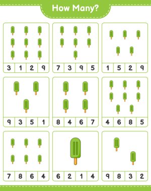 Sayma oyunu, kaç dondurma. Eğitimsel çocuk oyunu, yazdırılabilir çalışma tablosu, vektör illüstrasyonu