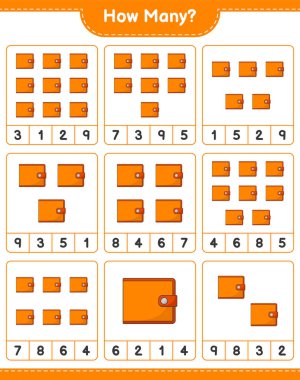 Maç sayısı, kaç cüzdan. Eğitimsel çocuk oyunu, yazdırılabilir çalışma tablosu, vektör illüstrasyonu