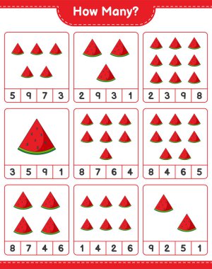 Maç sayısı, kaç karpuz. Eğitimsel çocuk oyunu, yazdırılabilir çalışma tablosu, vektör illüstrasyonu