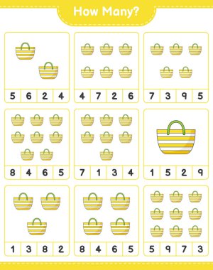 Maç sayısı, kaç tane plaj çantası. Eğitimsel çocuk oyunu, yazdırılabilir çalışma tablosu, vektör illüstrasyonu