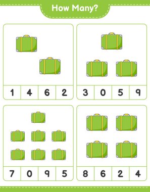 Maç sayısı, kaç bavul. Eğitimsel çocuk oyunu, yazdırılabilir çalışma tablosu, vektör illüstrasyonu