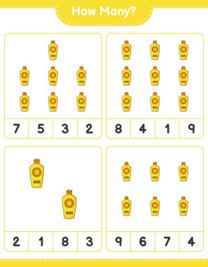 Maç sayısı, kaç tane güneş kremi. Eğitimsel çocuk oyunu, yazdırılabilir çalışma tablosu, vektör illüstrasyonu