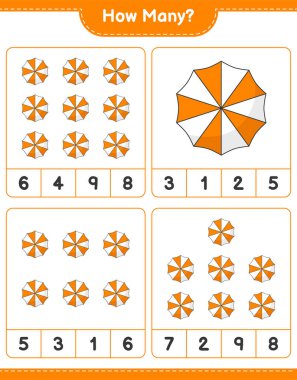 Sayma oyunu, kaç tane plaj şemsiyesi. Eğitimsel çocuk oyunu, yazdırılabilir çalışma tablosu, vektör illüstrasyonu